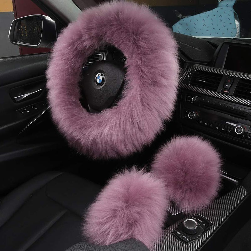 AOGELAN 3Pcs Set Fashion Fluffy Fuzzy Wool Fur Soft Car Steering Wheel Cover with Handbrake Cover & Gear Shift Cover for Women/Girls/Ladies Auto Long Wool Accessories  Pansy Purple - Image 1